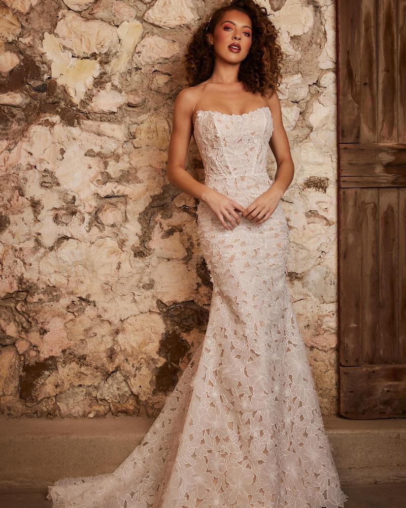 Lp2252 lace boho wedding dress with bell sleeves and strapless neckline5